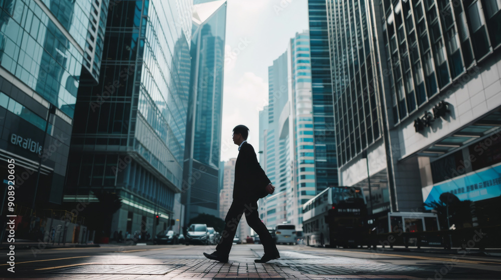 A silhouette of a man crossing the street in an urban environment filled with towering skyscrapers, portraying the hustle and bustle of city life. A silhouette of a man crossing the street in an urban environment filled with towering skyscrapers, portraying the hustle and bustle of city life.