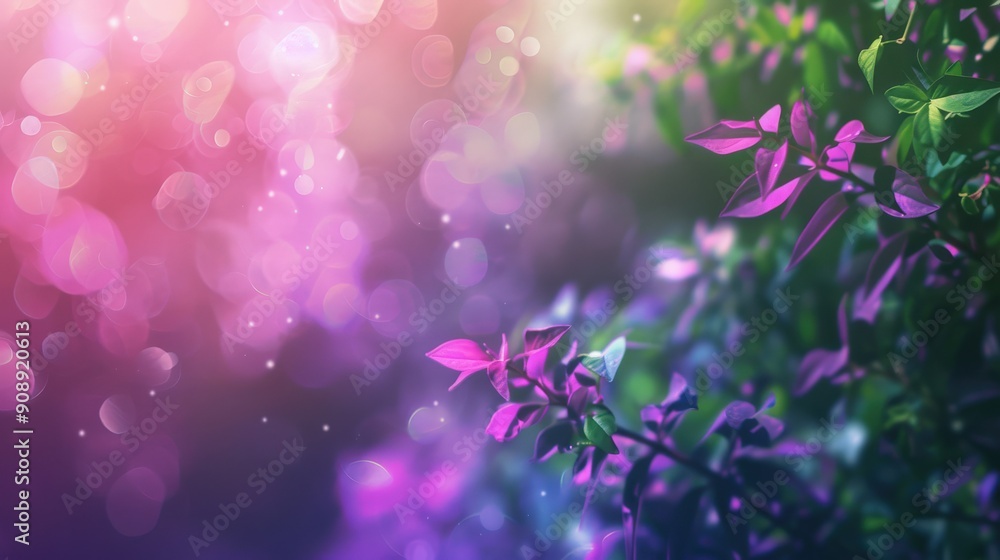 Colorful light leaks illuminate lush purple and green foliage, creating a serene atmosphere during the evening Colorful light leaks illuminate lush purple and green foliage, creating a serene atmosphere during the evening