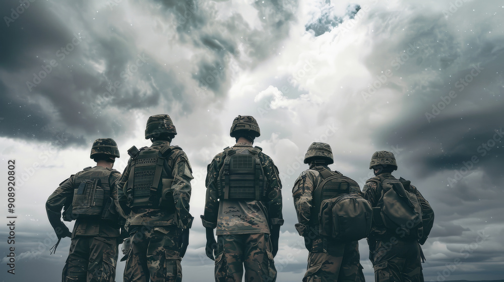 Five soldiers stand united, facing an ominous sky, projecting strength and resilience in the face of uncertainty. Five soldiers stand united, facing an ominous sky, projecting strength and resilience in the face of uncertainty.