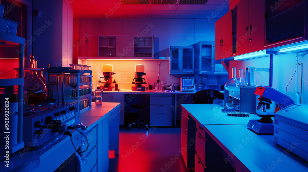 A sterile laboratory illuminated by contrasting red and blue lights is filled with scientific equipment, evoking a sense of innovation and precision. A sterile laboratory illuminated by contrasting red and blue lights is filled with scientific equipment, evoking a sense of innovation and precision.
