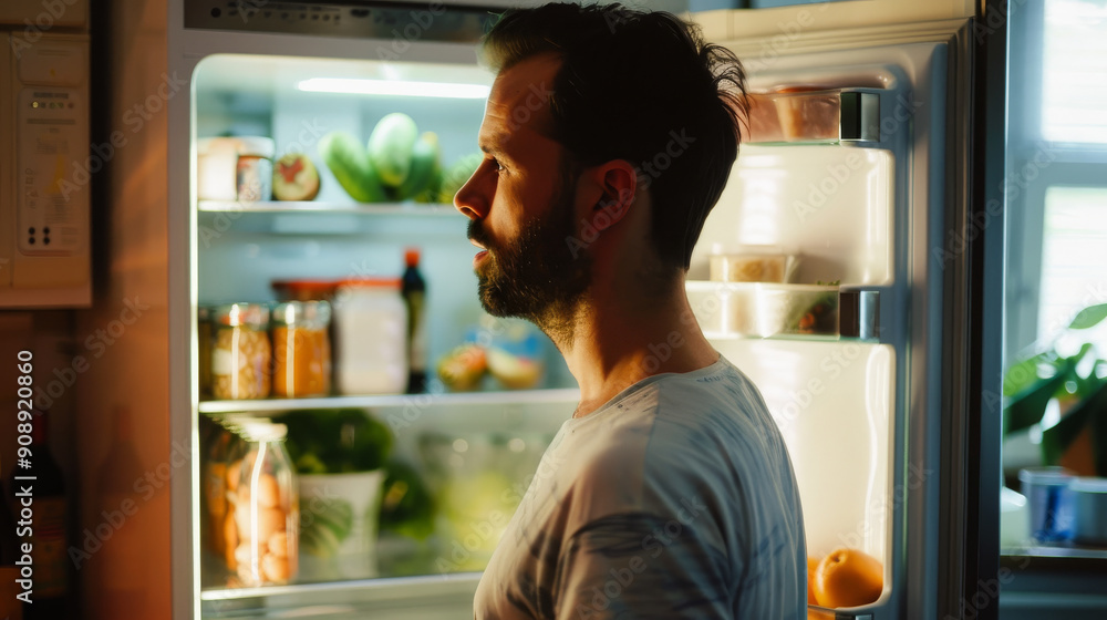 A thoughtful man stands in front of an open refrigerator, pondering his options, illuminated by the soft, inviting light from the fridge interior. A thoughtful man stands in front of an open refrigerator, pondering his options, illuminated by the soft, inviting light from the fridge interior.