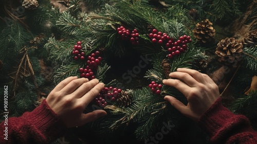 Cinematic high angle shot of a wreath being crafted with rowanberries and pine branches, lit by natural light photo