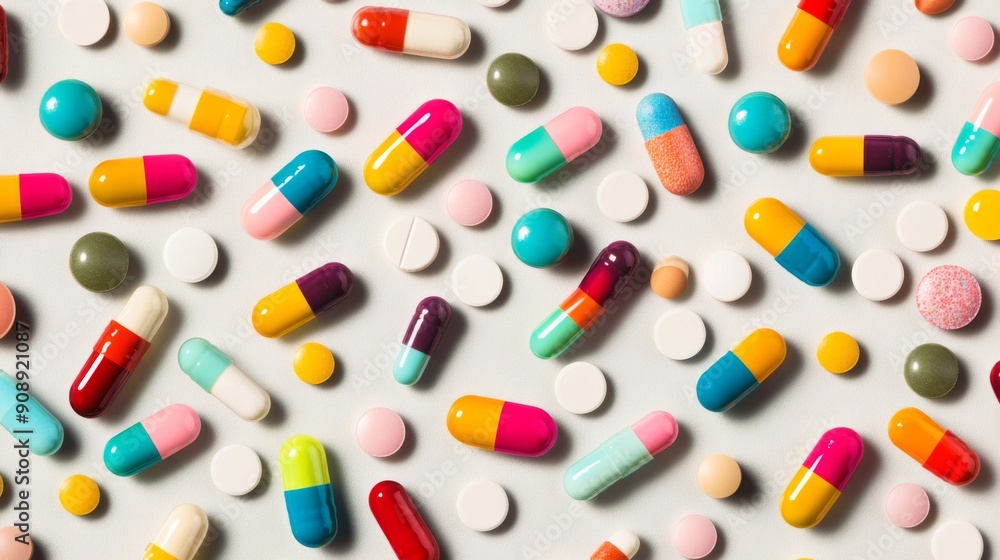 A vibrant mix of colorful pills cascading onto a light grey backdrop, forming a lively and eye-catching pattern. A vibrant mix of colorful pills cascading onto a light grey backdrop, forming a lively and eye-catching pattern.