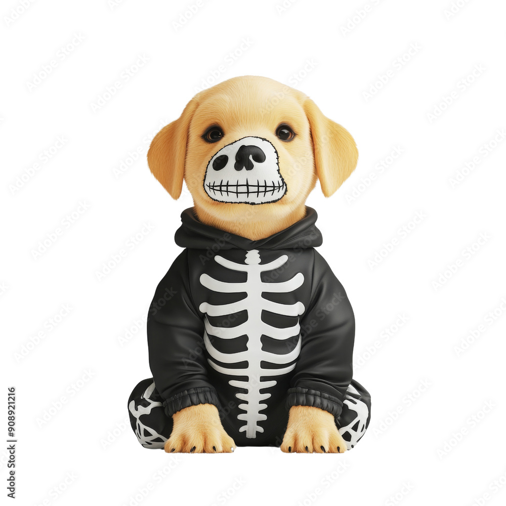 A cute dog dressed in a skeleton hoodie, perfect for Halloween-themed decorations or playful pet photography.