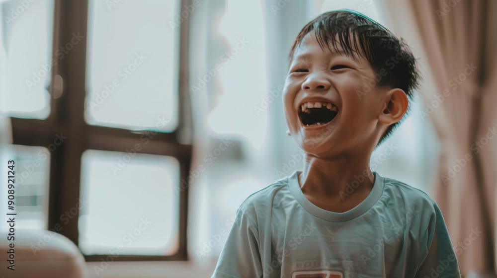 A young boy with a joyful expression, captured in a candid moment of pure laughter inside a warmly-lit room. A young boy with a joyful expression, captured in a candid moment of pure laughter inside a warmly-lit room.