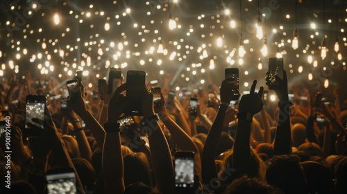 A vibrant concert scene filled with a sea of raised hands holding smartphones, capturing the magic of the night under twinkling lights.