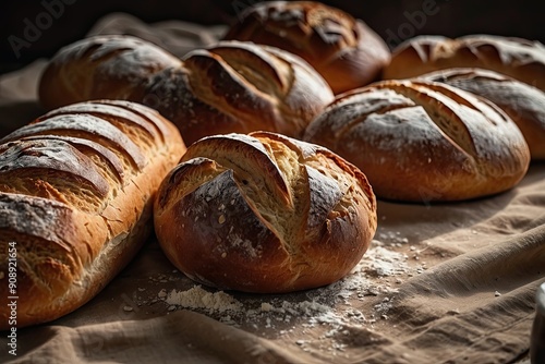 A photo of an array of freshly baked bread loaves and pastries on a linen cloth