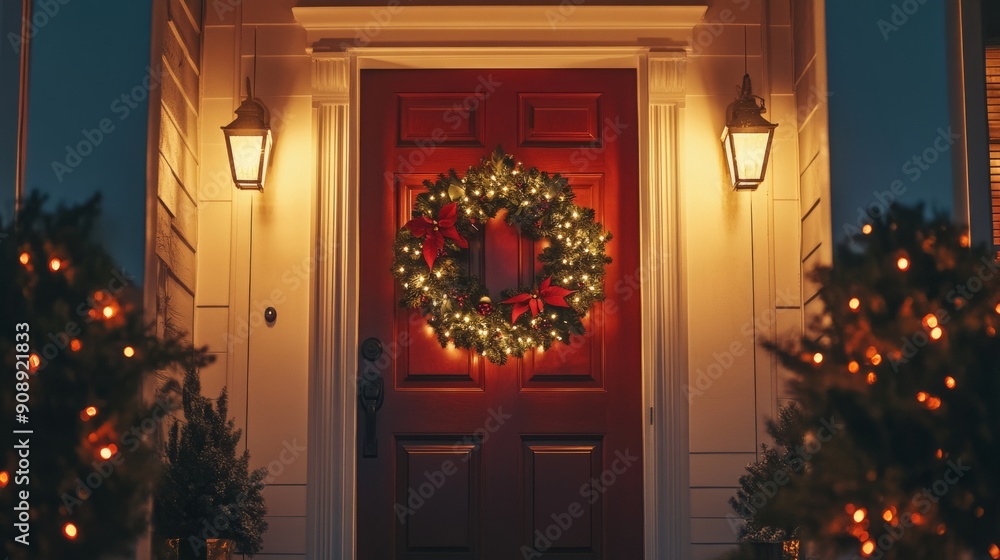 Cinematic wide shot of a house front door with a wreath and Christmas lights, captured with soft natural light Cinematic wide shot of a house front door with a wreath and Christmas lights, captured with soft natural light