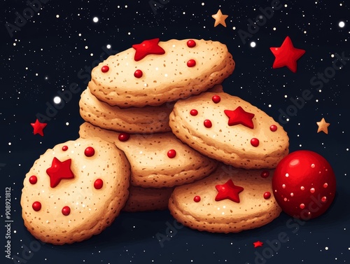 A festive stack of decorated cookies with red stars and beads, set against a starry night background, perfect for holiday themes.