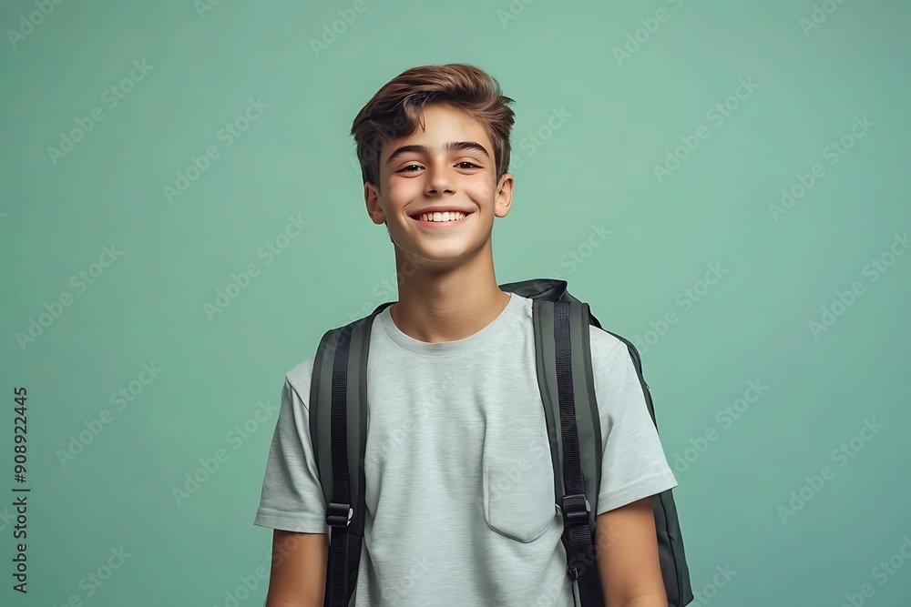 Smiling Student With Backpack Ready For School Against solid Background Smiling Student With Backpack Ready For School Against solid Background