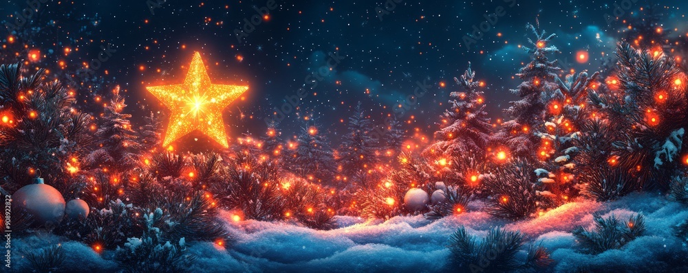 A magical winter landscape featuring a glowing star above snowy trees, creating a festive and enchanting atmosphere. A magical winter landscape featuring a glowing star above snowy trees, creating a festive and enchanting atmosphere.