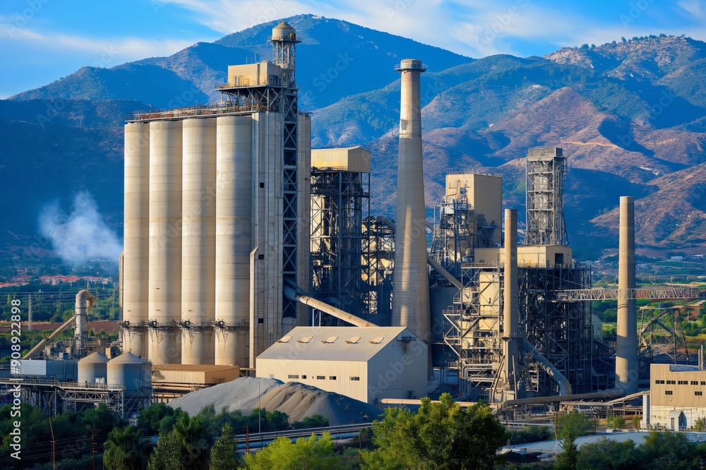 Cement factory is releasing smoke from its chimneys with mountains in the background on a sunny day Cement factory is releasing smoke from its chimneys with mountains in the background on a sunny day