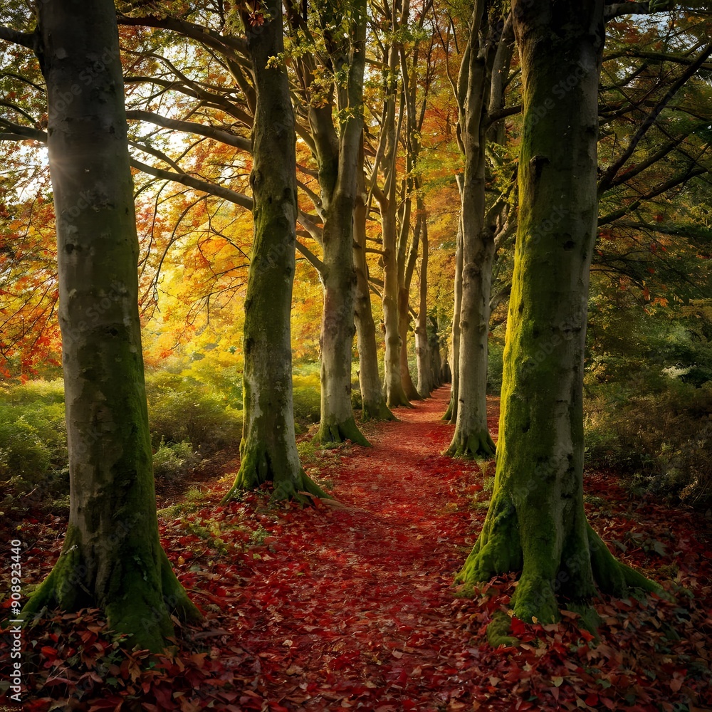 An autumn forest with a carpet of fallen leaves in shades of red, orange, and yellow, and a narrow path winding through the trees. An autumn forest with a carpet of fallen leaves in shades of red, orange, and yellow, and a narrow path winding through the trees.