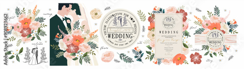 Wedding invitation. Save the date. Vector illustrations of wedding, newlyweds bride and groom, floral frame, label, logo, flowers, peonies and bouquet  for greeting card, poster or cover