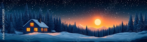 A serene winter landscape featuring a cozy cabin illuminated by warm light, under a starry night sky and a rising sun.