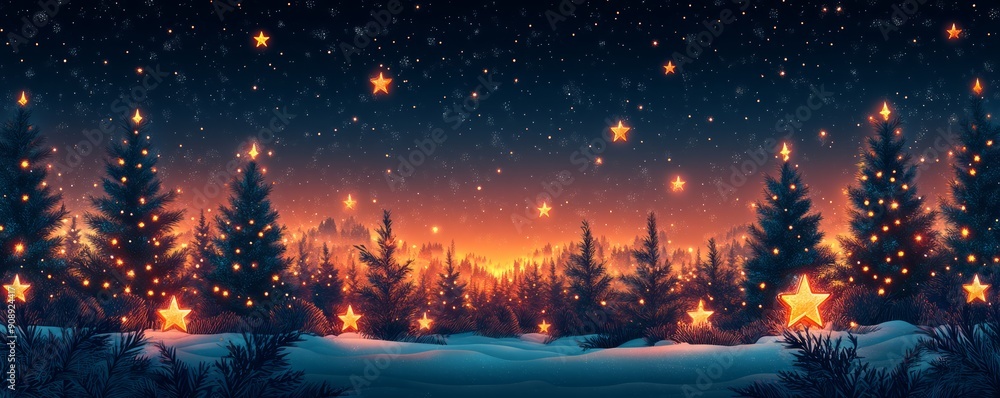 Fototapeta premium A serene winter landscape featuring snow-covered trees and glowing stars against a twilight sky, ideal for festive imagery.