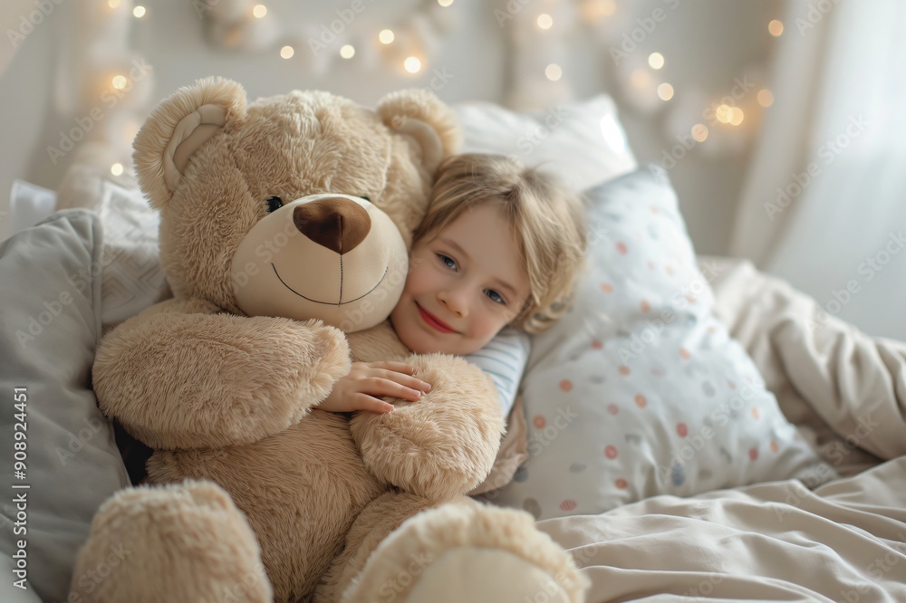 Smiling girl cuddles a big teddy bear on a cozy bed in a loving bedroom. White sheets, pillows, and soft lights create a warm atmosphere Smiling girl cuddles a big teddy bear on a cozy bed in a loving bedroom. White sheets, pillows, and soft lights create a warm atmosphere