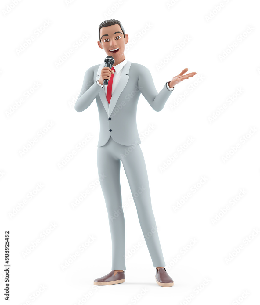 3d character businessman speaking into a microphone