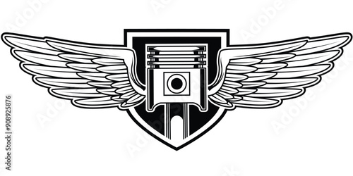 Piston and wings vector illustration. Automotive logo badge template,biker t-shirt,motorcycle emblem.