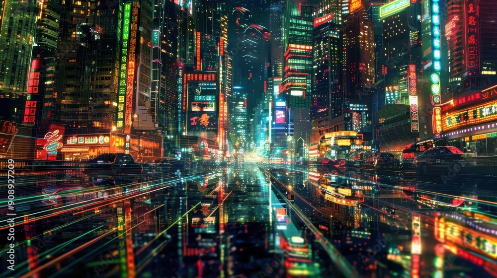 Obraz premium Neon Metropolis: Futuristic Cityscape with Reflective Surfaces, Towering Buildings, and Vibrant Light Trails