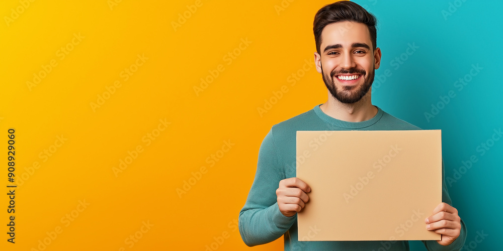 Portrait of Smiling Handsome Arab Man Displaying Blank Cardboard for Custom Message, Blue and Yellow Background
Portrait of Smiling Handsome Arab Man Displaying Blank Cardboard for Custom Message, Blue and Yellow Background