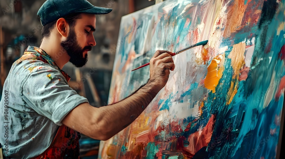 Creative Painting Colorful Abstract Art on Canvas in Studio Creative Painting Colorful Abstract Art on Canvas in Studio