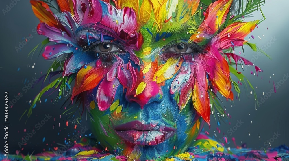 model face with colorful feathers model face with colorful feathers