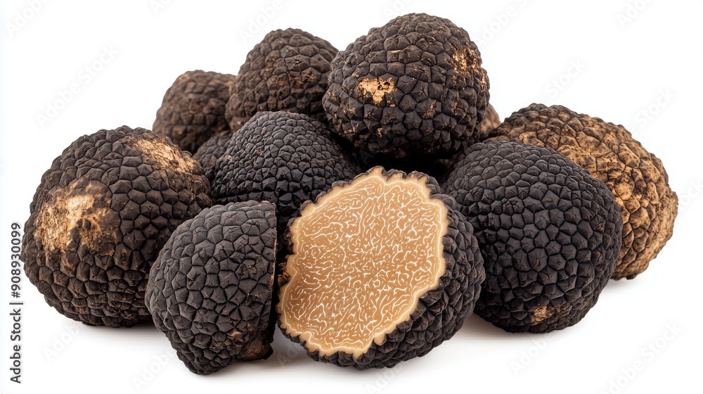 pile of black truffles, mushrooms on a white background pile of black truffles, mushrooms on a white background