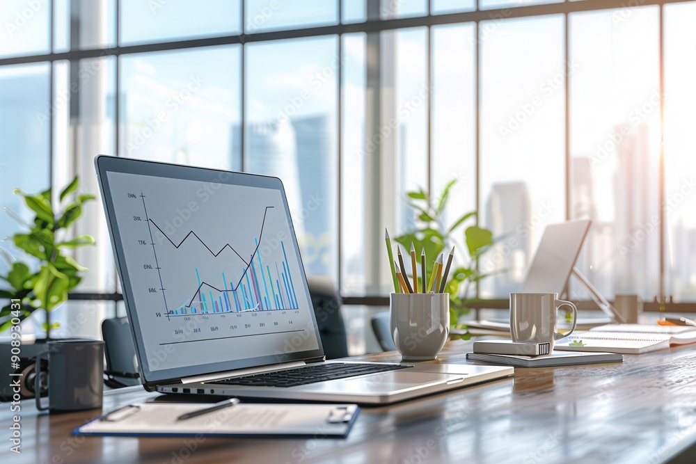 custom made wallpaper toronto digitalA sleek workspace showcases a laptop with graphs, surrounded by plants, coffee, and a bright view of the city skyline through large windows. Generative AI