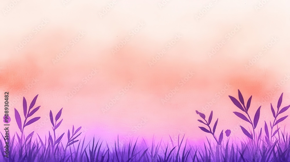 A serene gradient landscape featuring soft purple grass and gentle leaves in a tranquil pastel background. A serene gradient landscape featuring soft purple grass and gentle leaves in a tranquil pastel background.