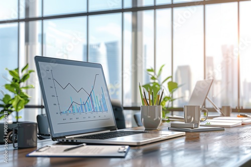 Wallpaper Mural A sleek workspace showcases a laptop with graphs, surrounded by plants, coffee, and a bright view of the city skyline through large windows. Generative AI Torontodigital.ca
