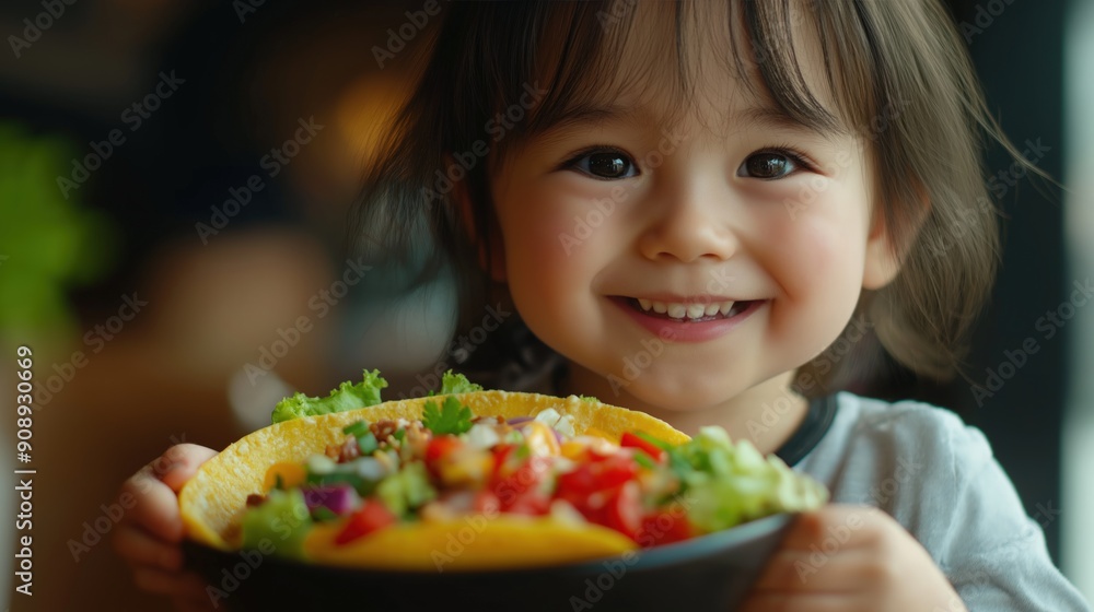 A child smiles brightly while holding a vibrant taco bowl filled with fresh toppings A child smiles brightly while holding a vibrant taco bowl filled with fresh toppings