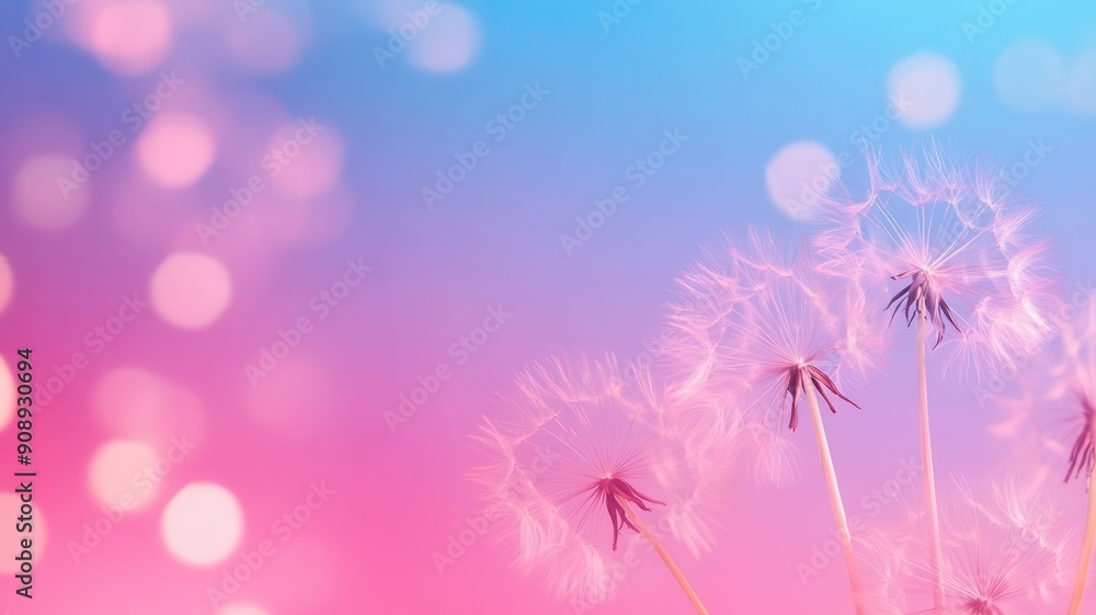 Naklejka premium A whimsical close-up of dandelions against a dreamy pink and blue background, featuring soft bokeh highlights.