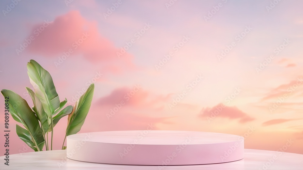 Minimalist podium product display surrounded by lush greenery under a pastel sky, ideal for showcasing products or creative designs. Minimalist podium product display surrounded by lush greenery under a pastel sky, ideal for showcasing products or creative designs.