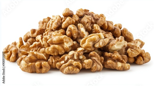 pile of shelled walnuts on a white background 