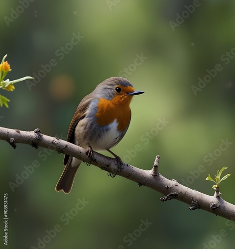 robin on a branch , . natural panoramic photo with little funny birds and Chicks sitting on a branch in summer