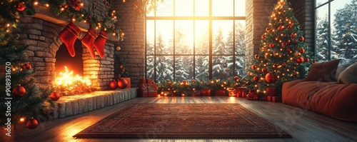 Wallpaper Mural Cozy Christmas living room with a glowing fireplace, decorated tree, and warm sunlight filtering through large windows. Torontodigital.ca