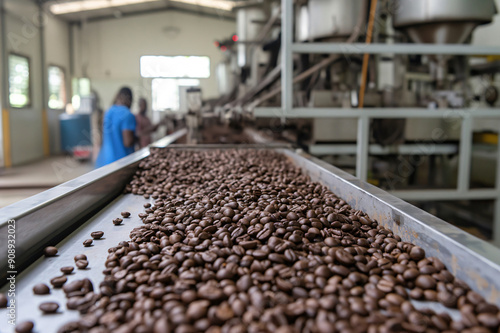 Roasted coffee beans moving on a conveyor belt in a busy plant. Rich aroma and flavor in the key ingredient. Close up shows roasting and packaging process