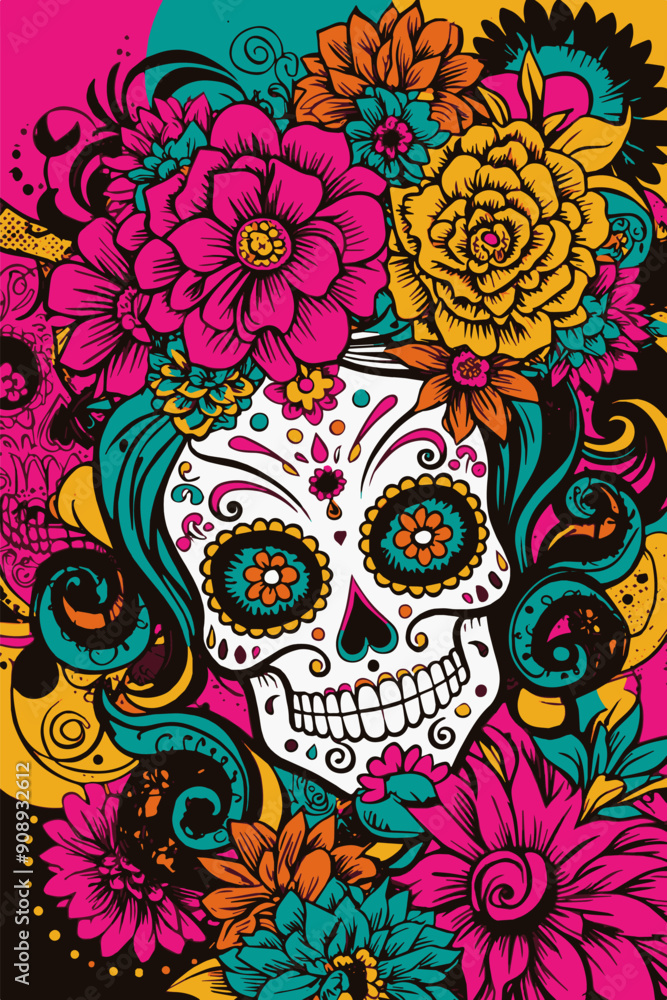 A decorative dia de muertos sugar skull adorned with bright flowers in festive colors A decorative dia de muertos sugar skull adorned with bright flowers in festive colors