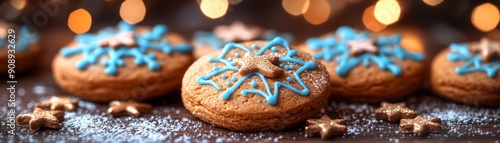 Decorative cookies with blue icing and star shapes, perfect for festive celebrations and holiday gatherings.