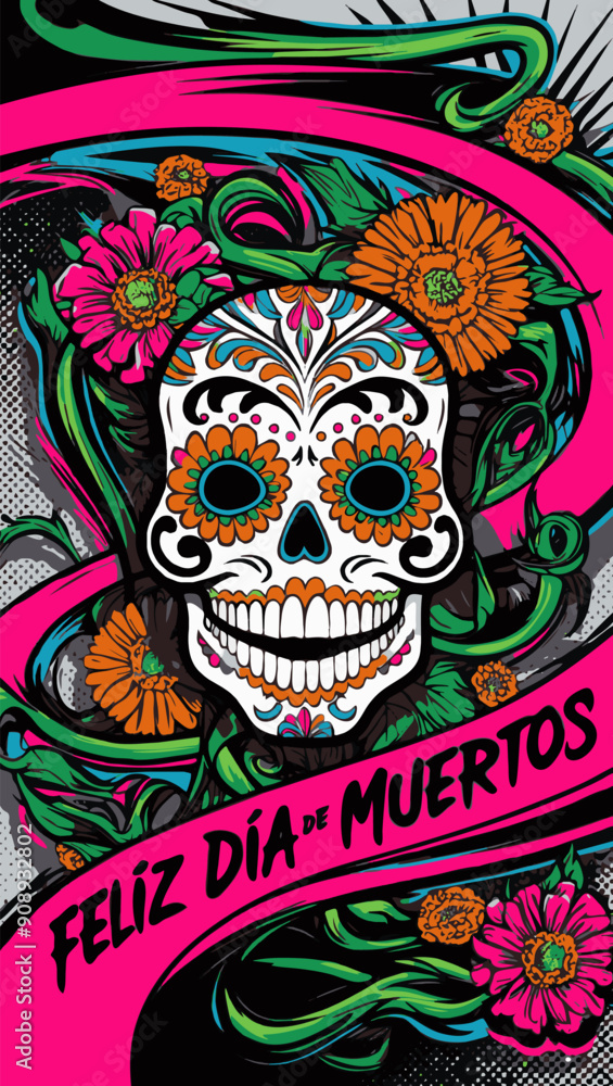 A lively sugar skull adorned with flowers celebrates Día de Muertos festivities A lively sugar skull adorned with flowers celebrates Día de Muertos festivities