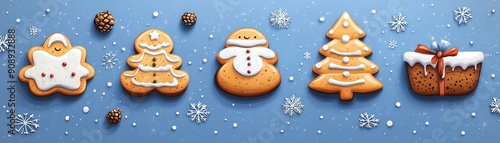 Delightful assortment of festive gingerbread cookies on a blue background, perfect for Christmas and holiday celebrations.