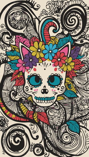 A vibrant dia de muertos cat skull adorned with flowers in a decorative design