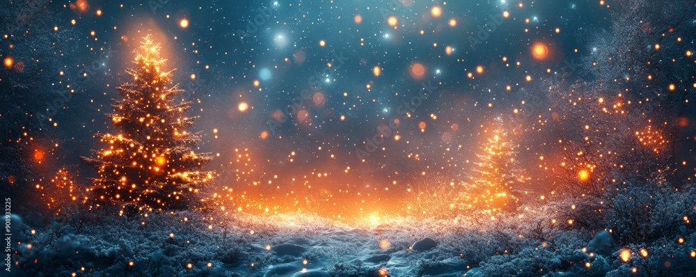Enchanting winter scene with glowing trees surrounded by falling snowflakes and a magical, warm ambiance.