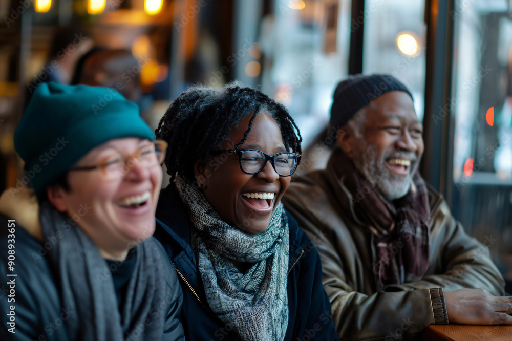 Three mature friends enjoying a lively conversation in a cozy cafe on a cold winter day, laughing and smiling together Three mature friends enjoying a lively conversation in a cozy cafe on a cold winter day, laughing and smiling together