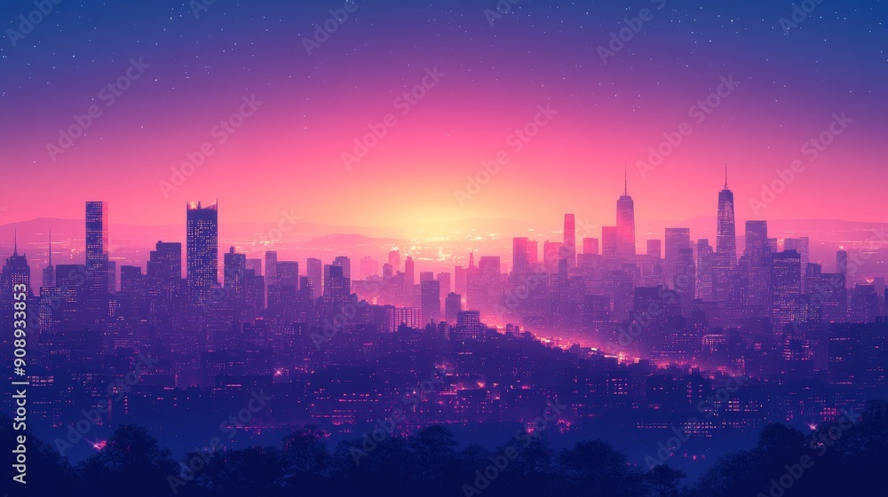 Fototapeta premium Cityscape Silhouette at Sunset with Starry Sky