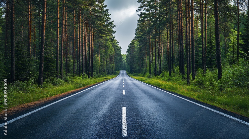 Fototapeta premium An empty road stretches through a dense forest, illuminated by the soft light of dusk, creating a tranquil scene.