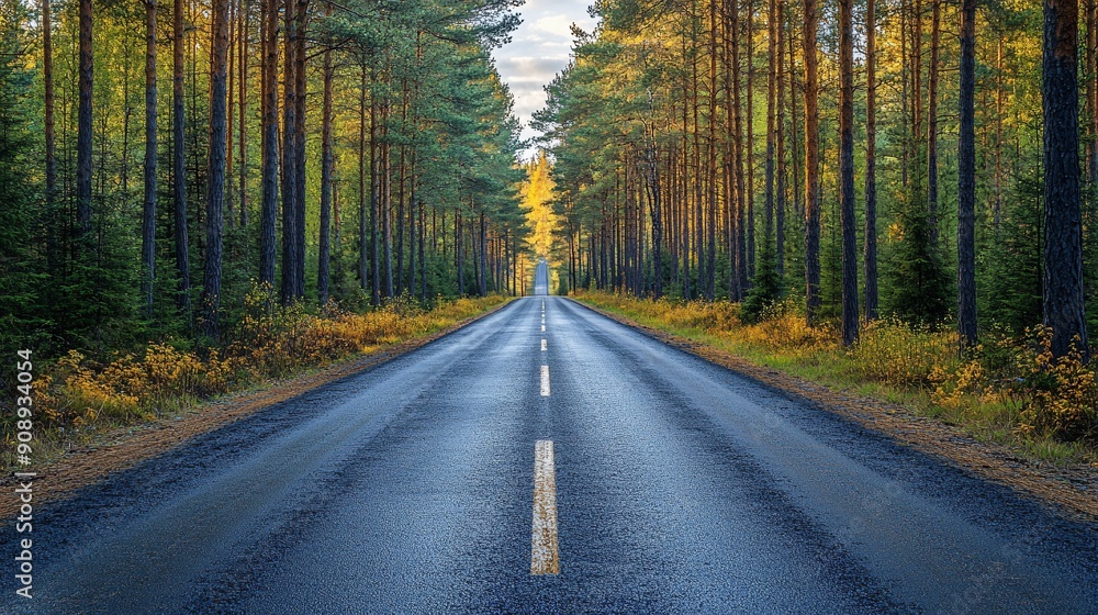 Fototapeta premium A straight road cuts through a dense pine forest with vibrant greenery and golden light, offering a serene scenic route.