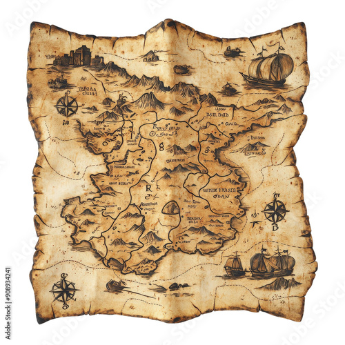 A vintage treasure map featuring intricate details, islands, ships, and compass roses, perfect for adventure-themed projects.
