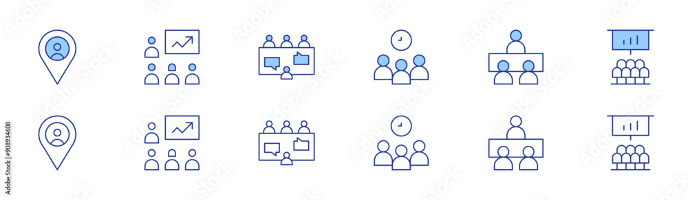 Meeting icon set in two styles, Duotone and Thin Line style. Editable stroke. conference room, meeting, user, teamwork, interview, presentation Meeting icon set in two styles, Duotone and Thin Line style. Editable stroke. conference room, meeting, user, teamwork, interview, presentation